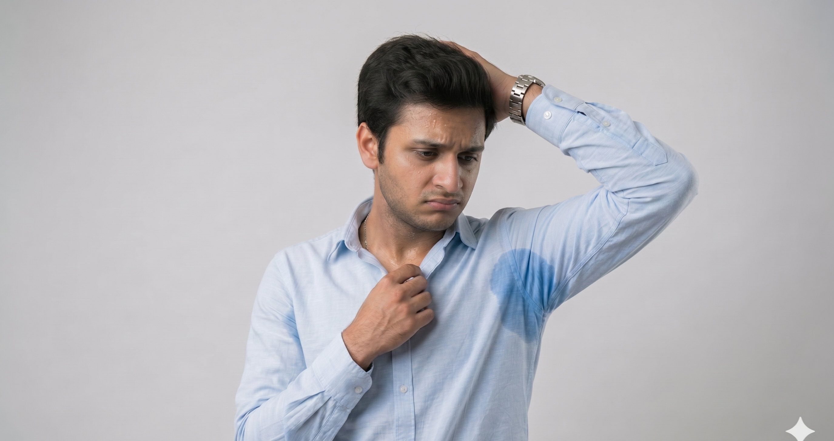Man looking down at a large visible underarm sweat stain on his shirt